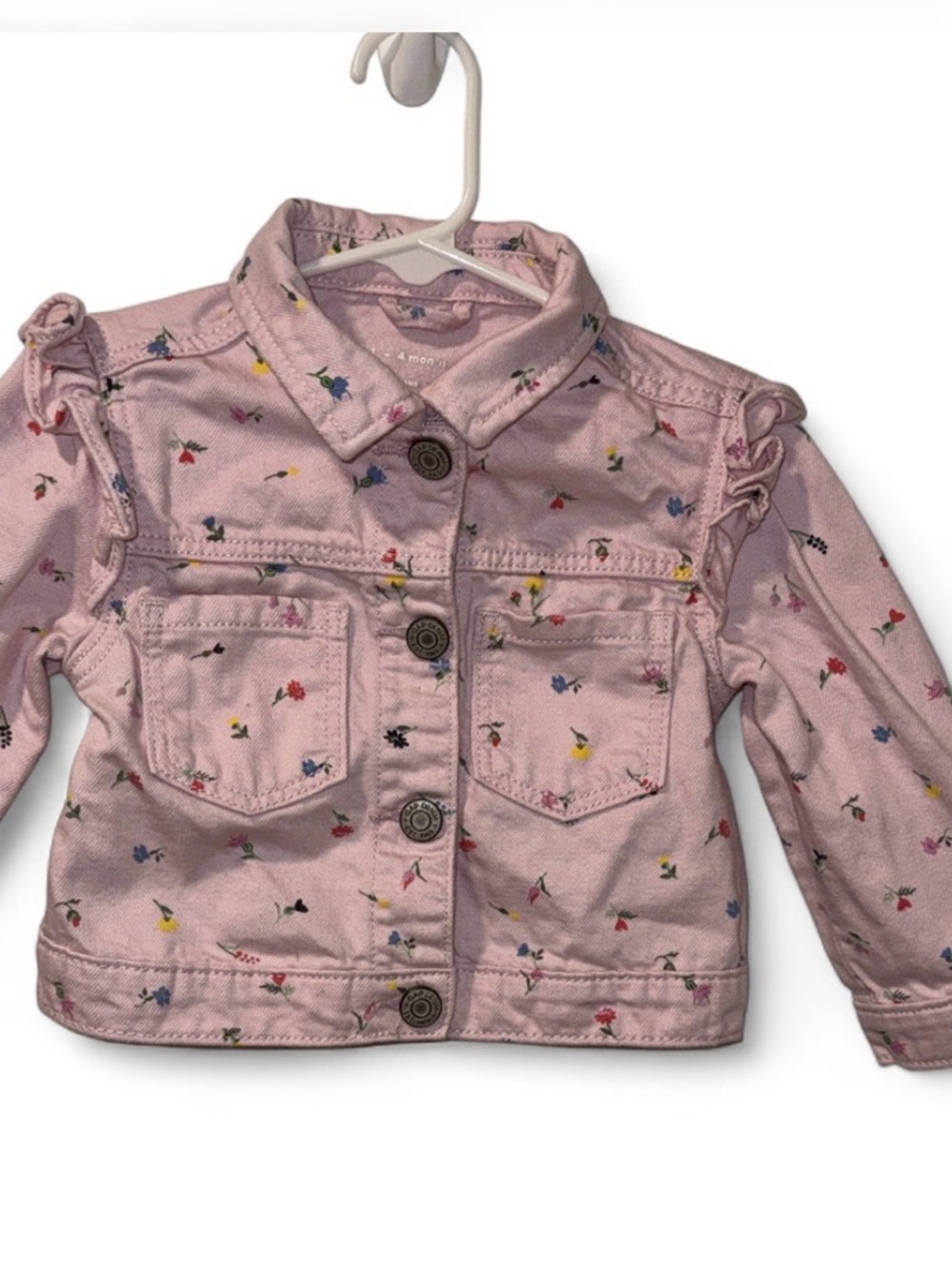GAP Pink Ruffle Shoulder Floral-Print Denim Jacket Babygirl Size 18/24M